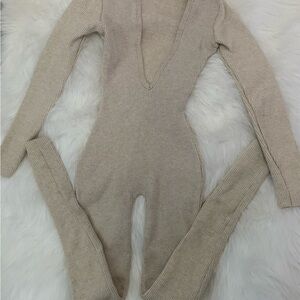 Beige Ribbed Knit Jumpsuit